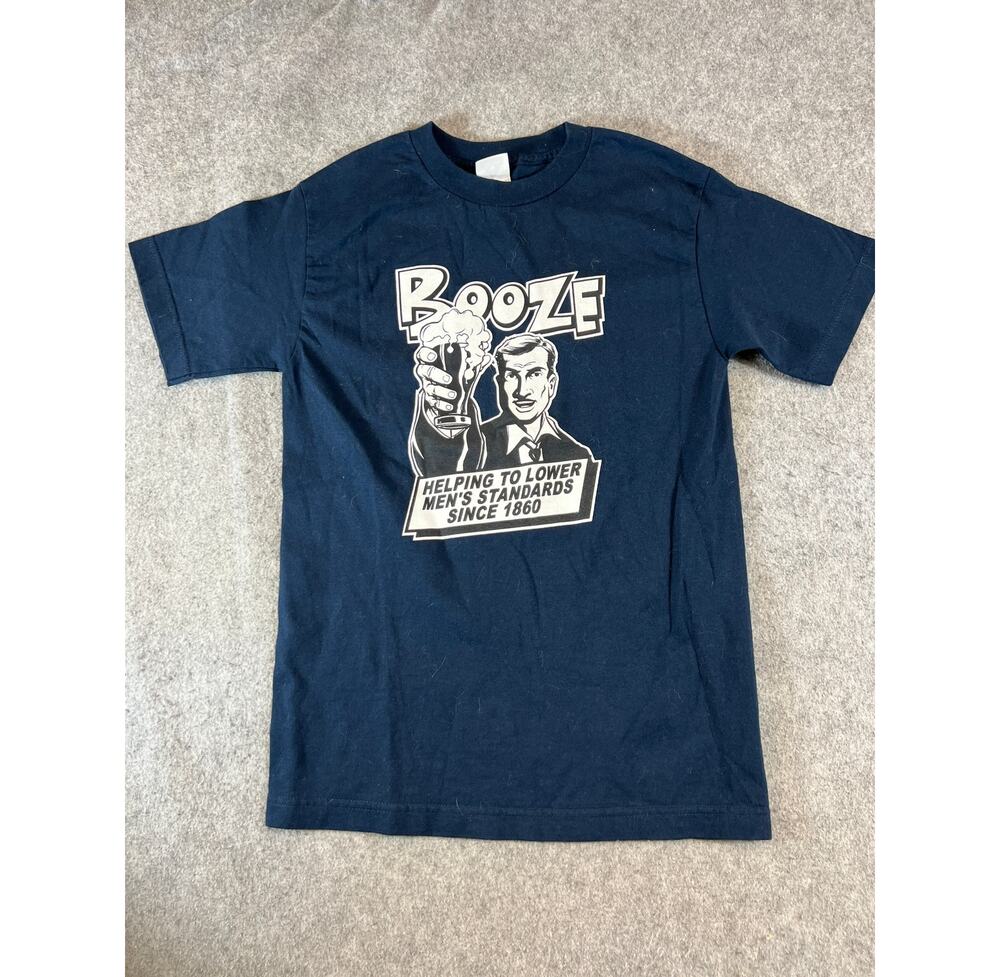 VTG Y2K Booze Shirt Mens Small Blue Helping To Lower Standards Funny Graphic Tee